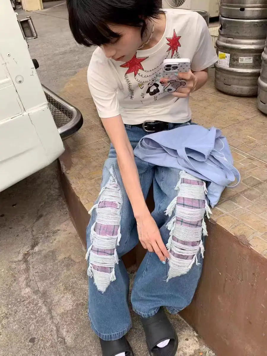 Jeans With Contrasting Plaid Holes And Splicing High-Waisted Women'S Summer American High Street Loose Slimming Wide-Leg Pants