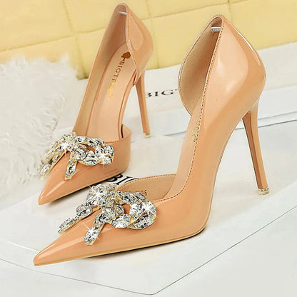 Nude Rhinestone Bowknot High Heels Patent Leather Women Pumps