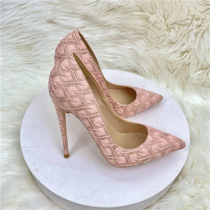 Pink Lace Fabric Pointy Toe High Heel Wedding Bridemaids Shoes