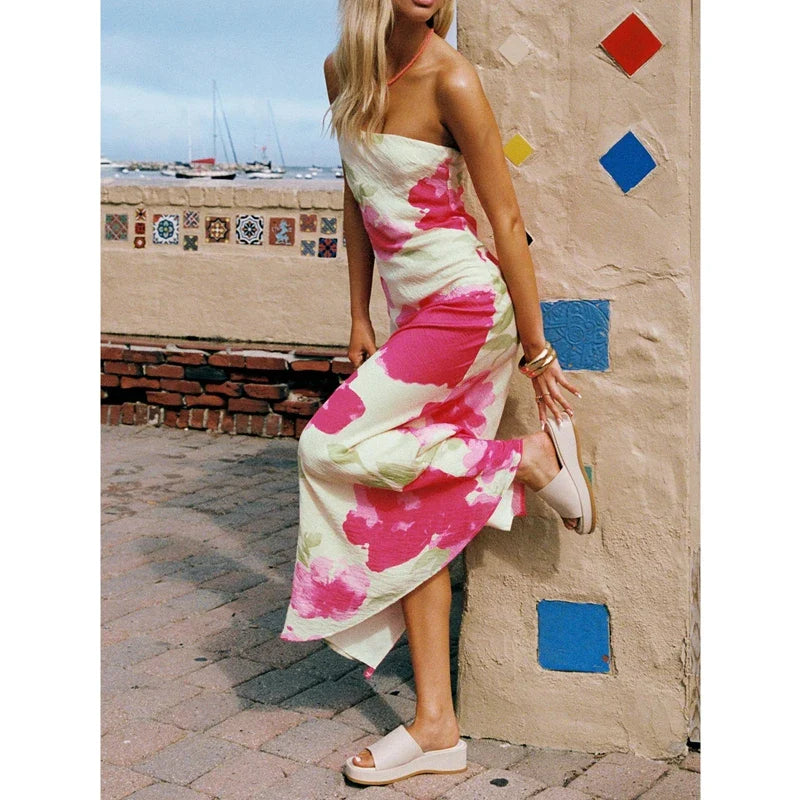 Strapless Floral Split Tube Vacation Dress