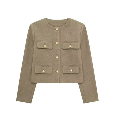 Elegant Solid Button Fake Pocket Jacket Women's Fashion O-neck Long Sleeve Single Breasted Cropped Coats New Lady Chic Outerwear