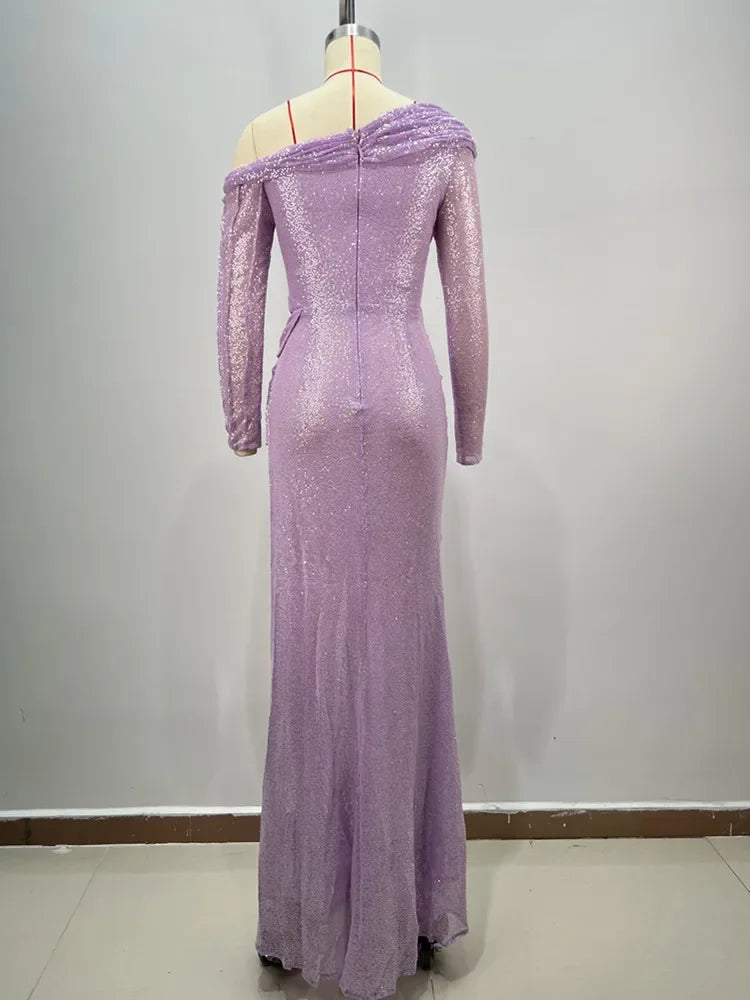 Off-Shoulder Long Sleeve Asymmetric Mesh Dress