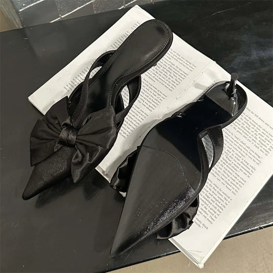 Spring Women Slippers Sandals with Butterfly-knot Detail and Pointed Toe High Heel Pumps