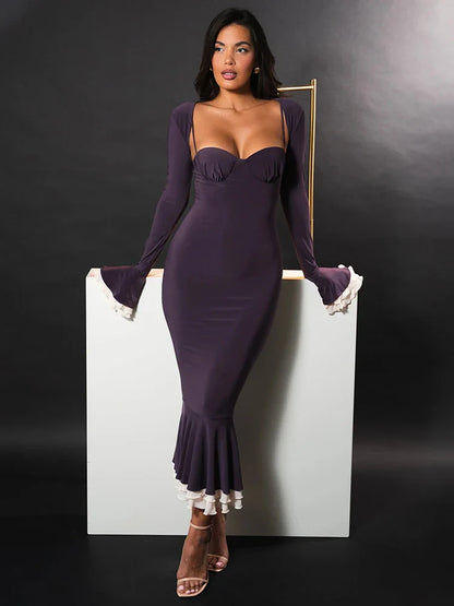 Patchwork Long Sleeve Fishtail Bodycon Dress