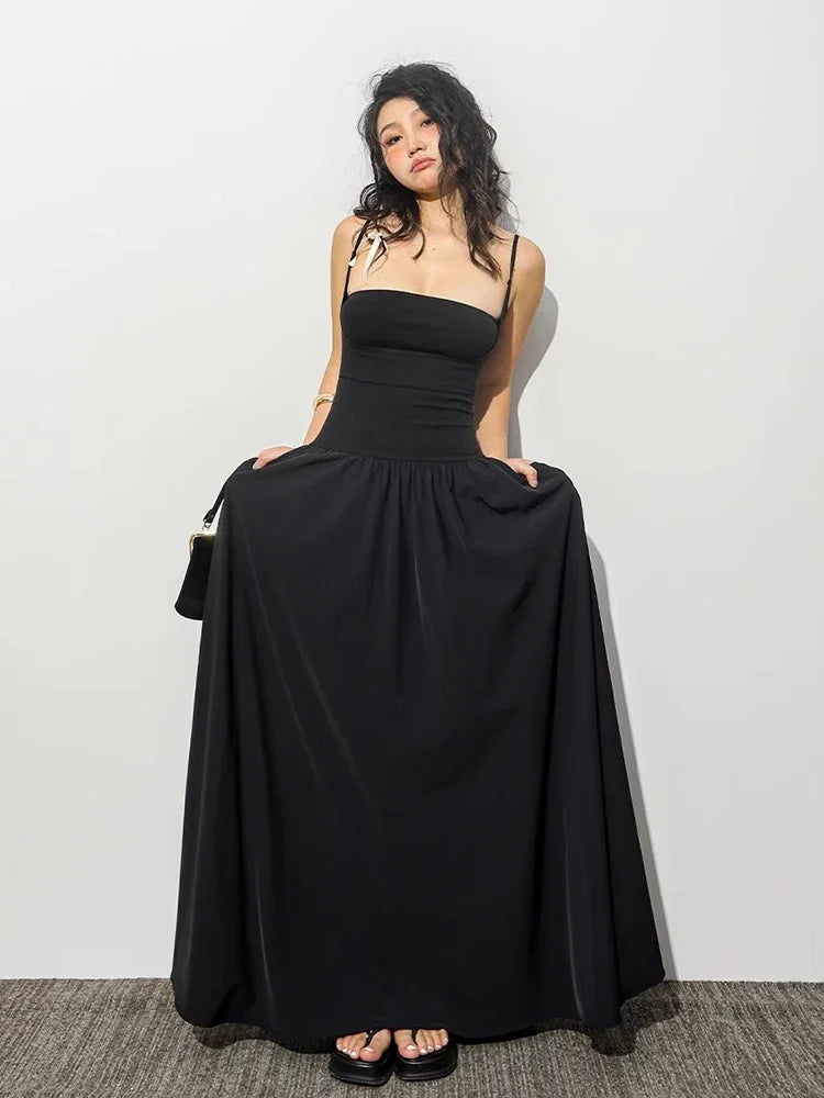 Spaghetti Strap Bow Detail Fit and Flare Floor-Length Maxi Dress