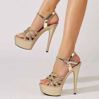 Crystal Platform Buckle Strap High Heel Sandals for Women