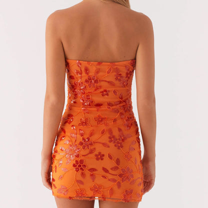 Glitter Beaded Pearl Strapless Bodycon Dress