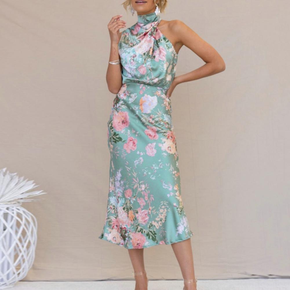 Floral Print Halter Draped Neck Bias Cut Midi Dress