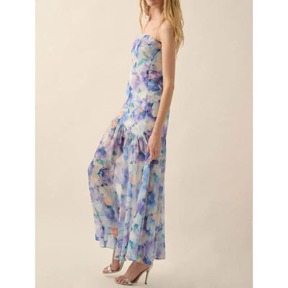 Ruffled Split Floral Bandeau Vacation Dress