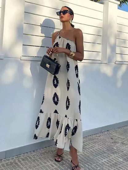 Printed Asymmetric Backless Midi Dress