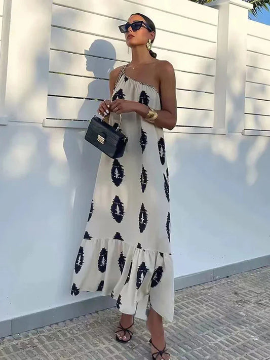 Printed Asymmetric Backless Midi Dress