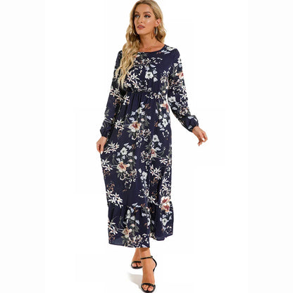 Ditsy Floral Crew Neck Lantern Sleeve Smocked Waist Ruffle Hem Maxi Dress