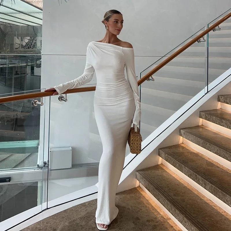 White Skew Collar Long Sleeve Maxi Dress