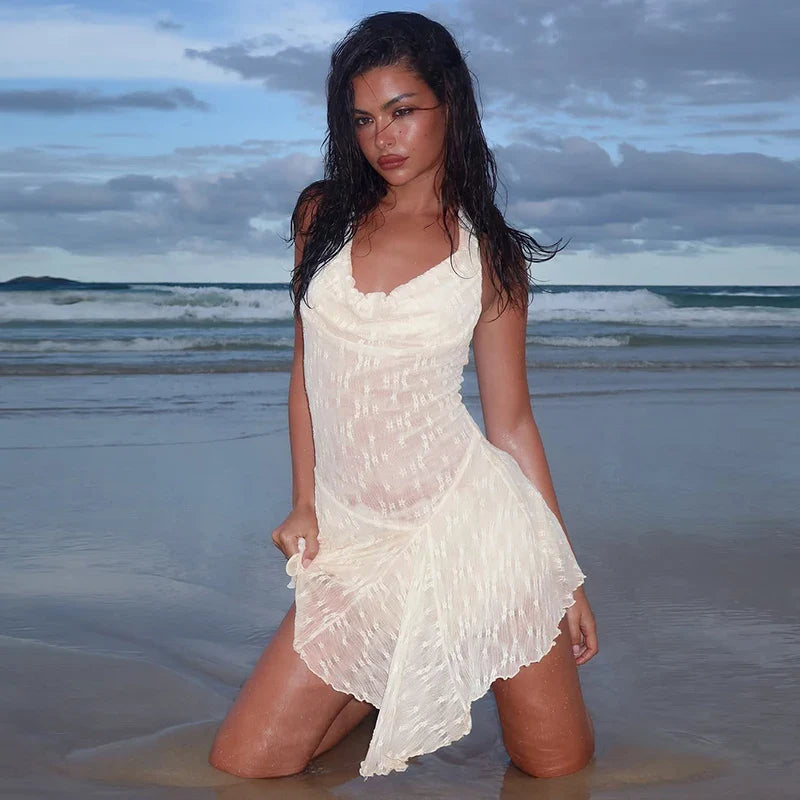 Lace Halter Backless See Through Mini Dress