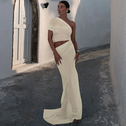 Mesh Backless One-Shoulder Long Dress