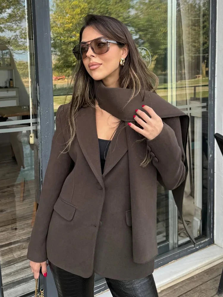 Solid Woolen Blazer With Scarf Coat