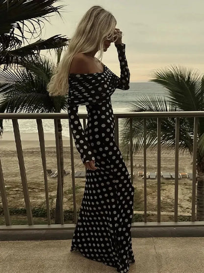 Polka Dots Off Shoulder Long Sleeves Maxi Dress
