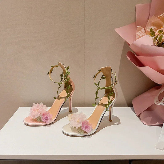 Pink Chiffon Flower Dream High Heels Lace up Sandals