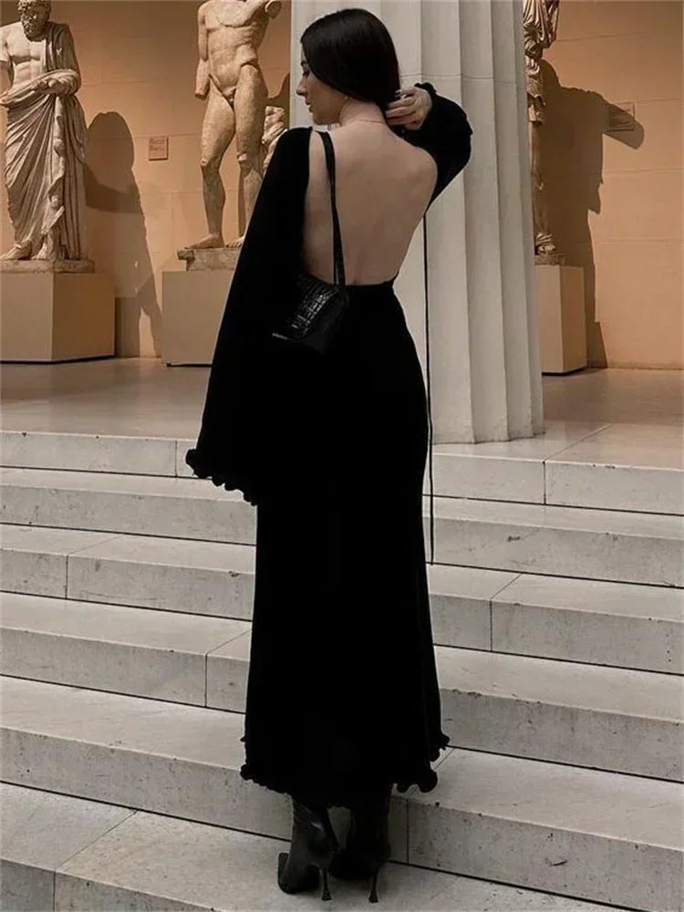 Ruffled Lace Up Knitted Maxi Dress