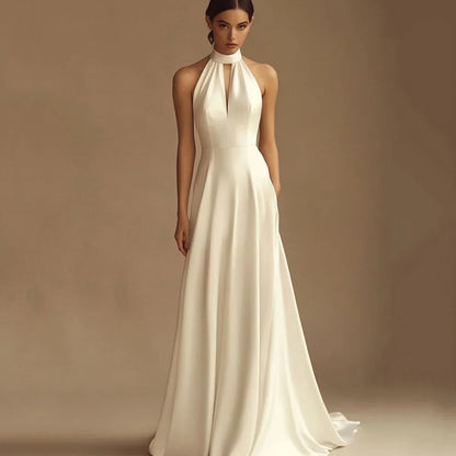 A Line Backless Simple Halter Prom Dress