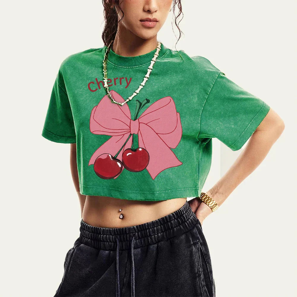 Bow Cherry Cartoon Cotton Slim T-shirt