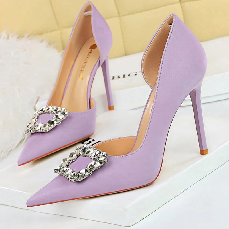 Wine Red 10.5cm Heels Metal Rhinestone Woman Pumps Luxury Banquet Shoes