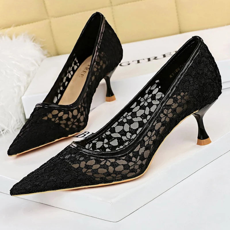 Lace Mesh Cutout Kitten Heel Pumps for Women - Sexy Banquet Shoes