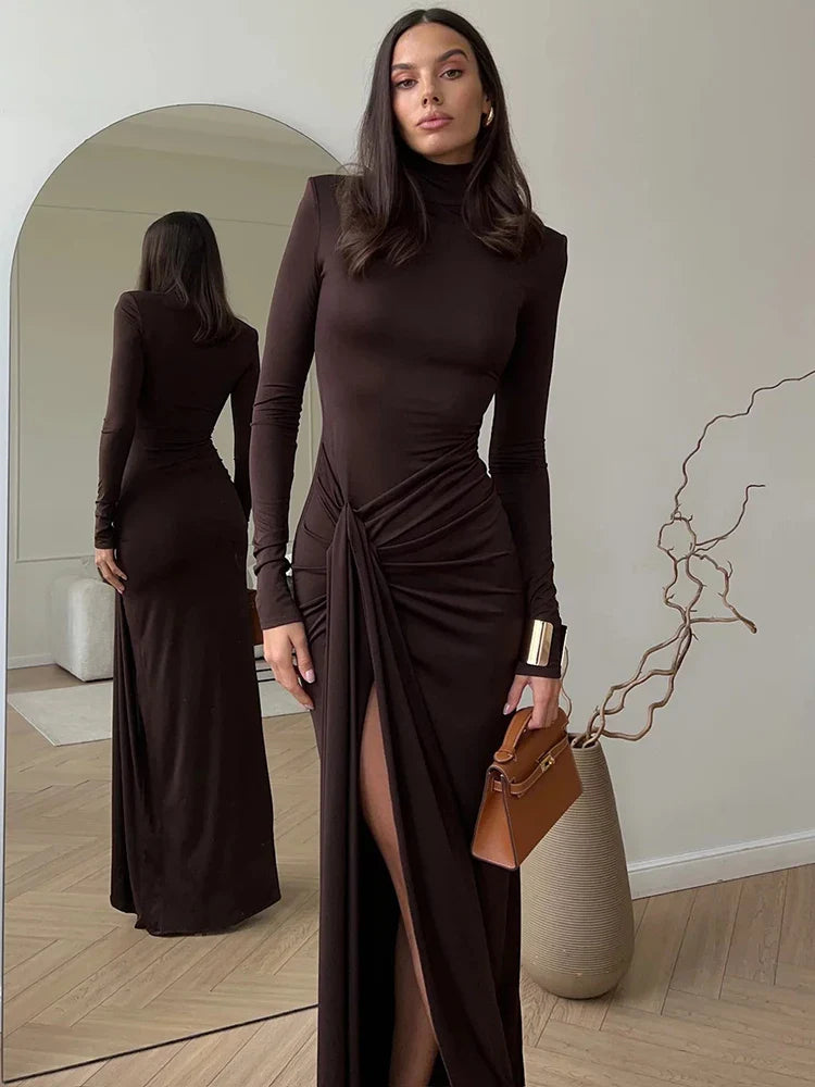 Turtleneck Draped Sleeve Split Bodycon Dress