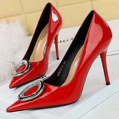 Red Women Pumps with Metal Buckle High Heels Stilettos for Luxury Banquets