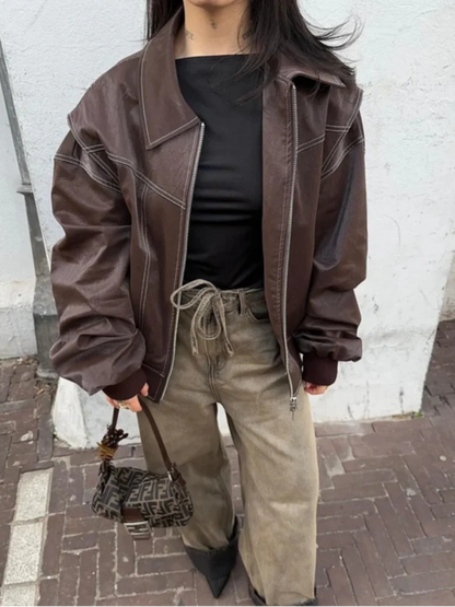 | Women’s Oversized Leather Bomber Jacket