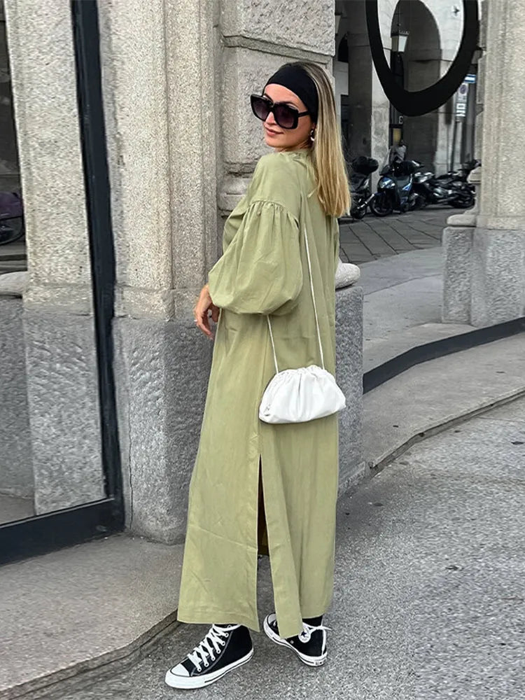 Lace Up V-Neck Balloon Sleeve Side Slit Maxi Dress