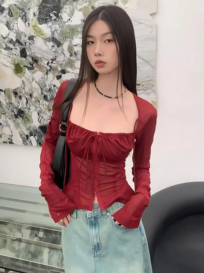 Sheer Ruched Lace Up Blouse