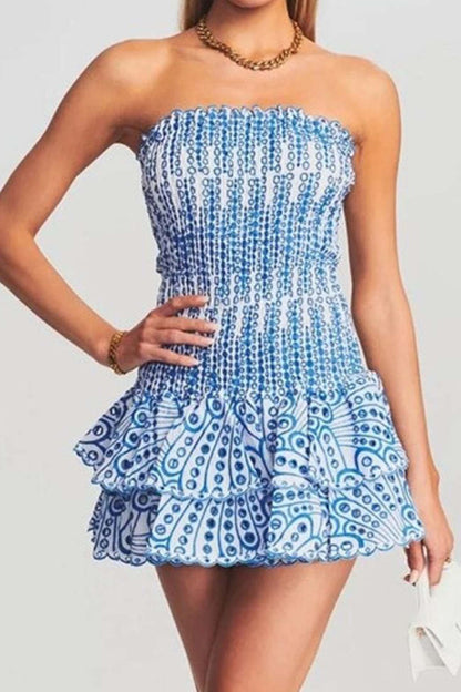 Smocked Strapless Eyelet Lace Tiered Ruffle Mini Dress