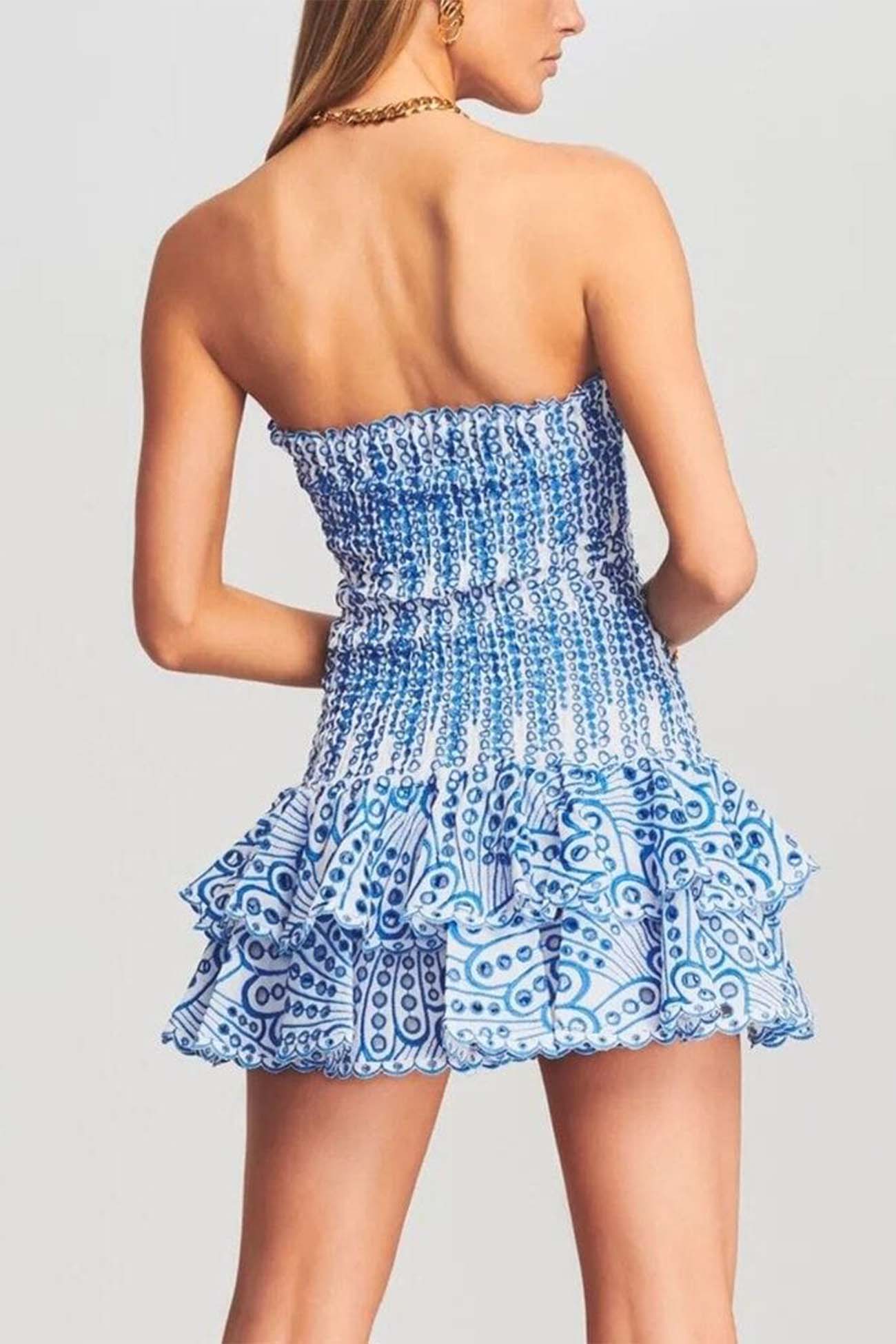 Smocked Strapless Eyelet Lace Tiered Ruffle Mini Dress