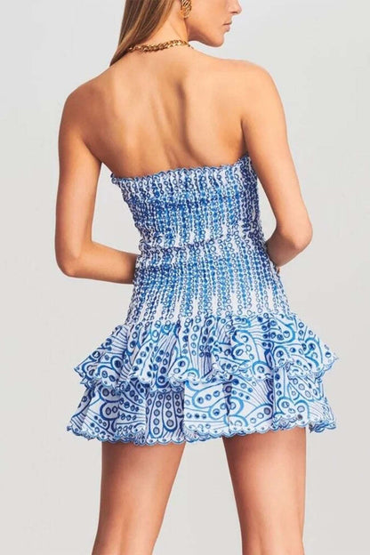 Smocked Strapless Eyelet Lace Tiered Ruffle Mini Dress
