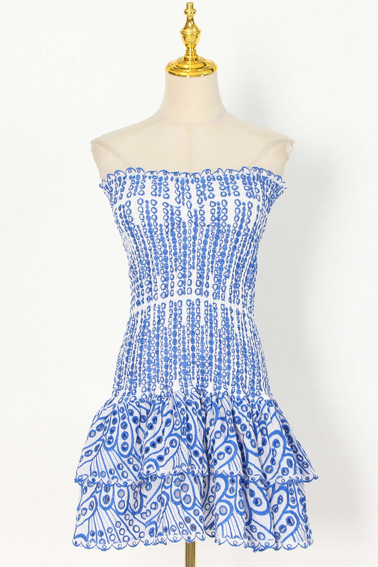 Smocked Strapless Eyelet Lace Tiered Ruffle Mini Dress