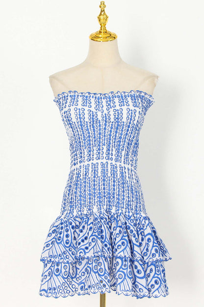 Smocked Strapless Eyelet Lace Tiered Ruffle Mini Dress
