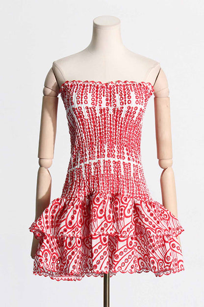 Smocked Strapless Eyelet Lace Tiered Ruffle Mini Dress