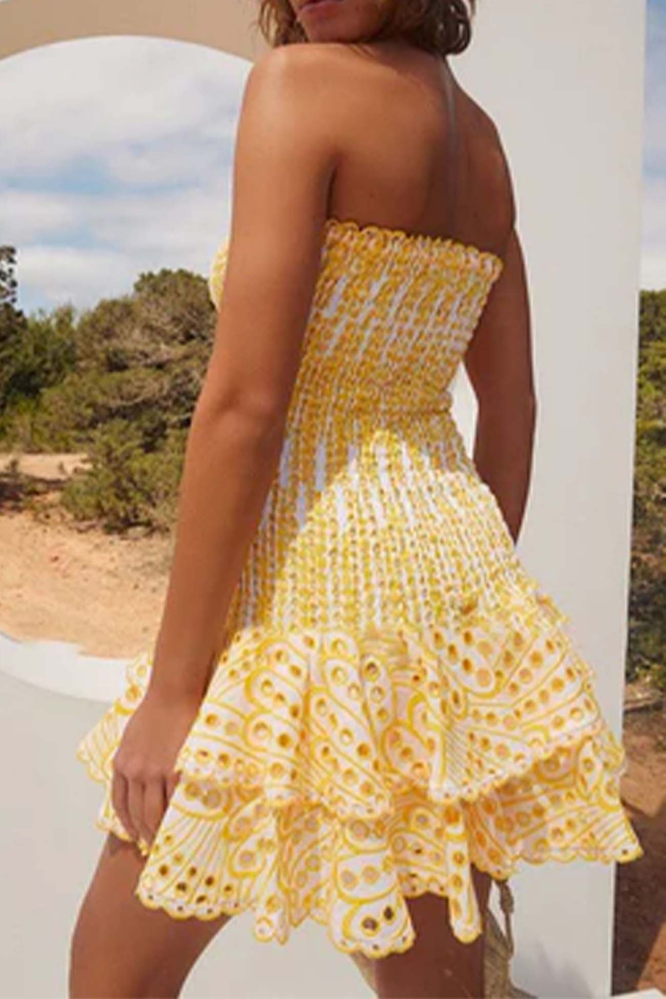 Smocked Strapless Eyelet Lace Tiered Ruffle Mini Dress