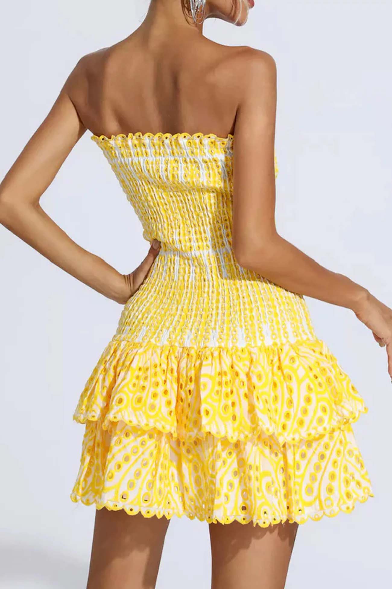 Smocked Strapless Eyelet Lace Tiered Ruffle Mini Dress