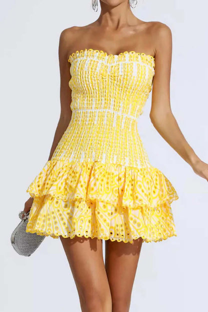 Smocked Strapless Eyelet Lace Tiered Ruffle Mini Dress