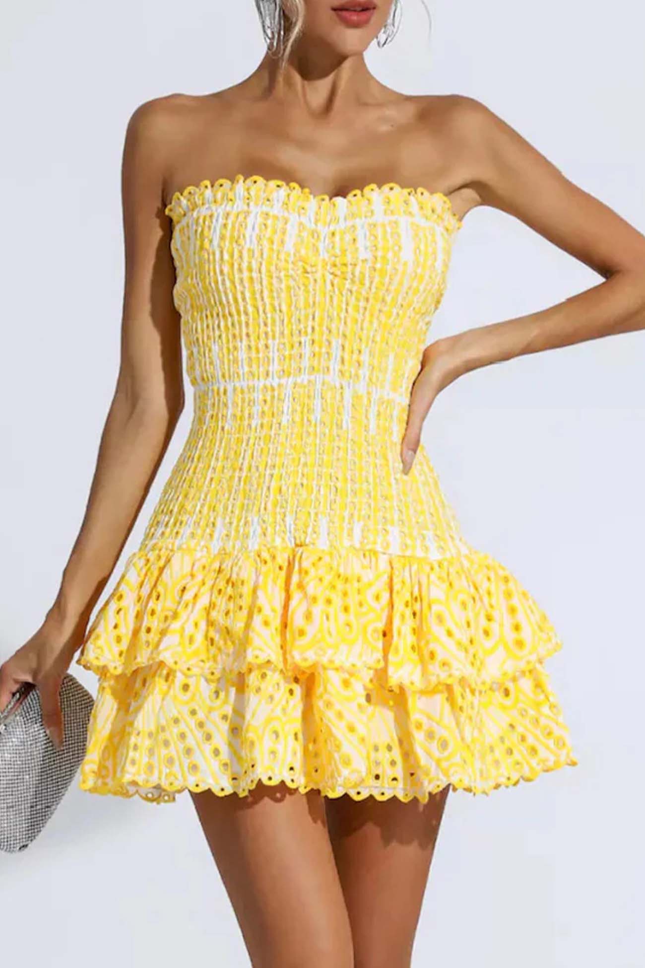 Smocked Strapless Eyelet Lace Tiered Ruffle Mini Dress