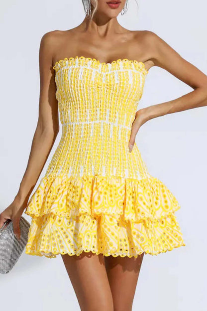 Smocked Strapless Eyelet Lace Tiered Ruffle Mini Dress