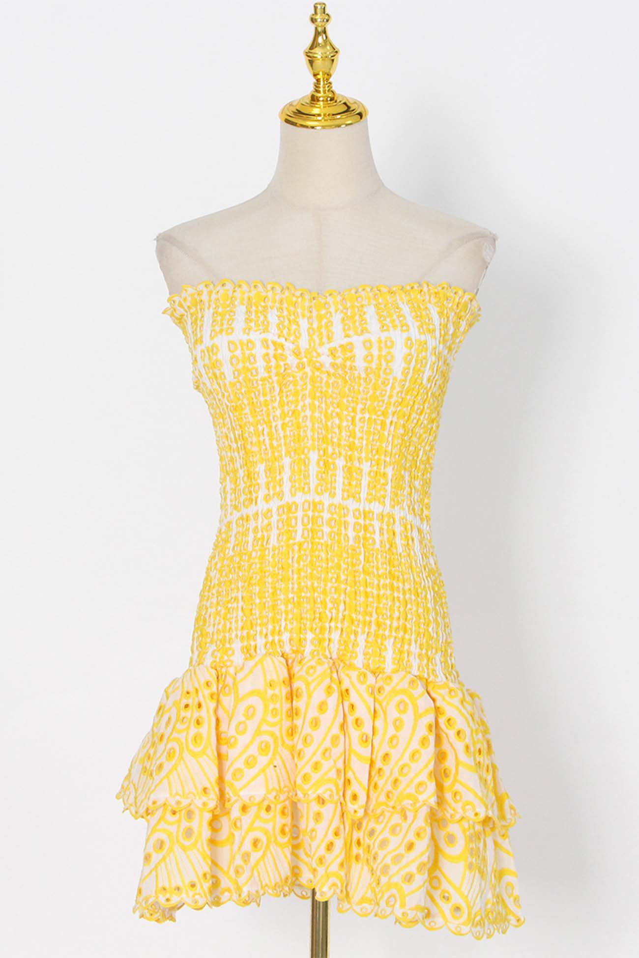 Smocked Strapless Eyelet Lace Tiered Ruffle Mini Dress