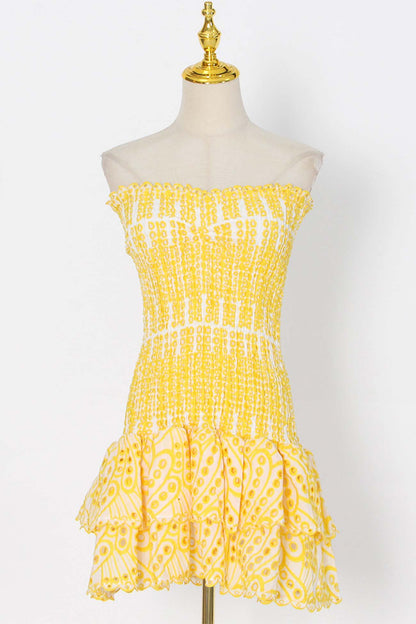 Smocked Strapless Eyelet Lace Tiered Ruffle Mini Dress