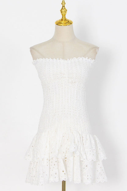 Smocked Strapless Eyelet Lace Tiered Ruffle Mini Dress