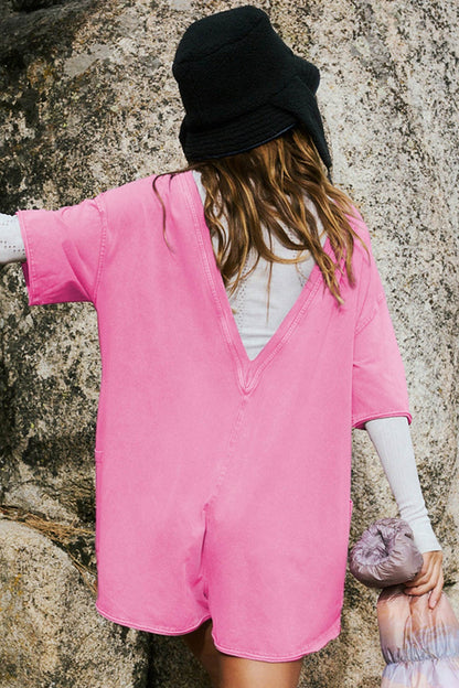 Short Sleeve Pocketed Backless Rompers