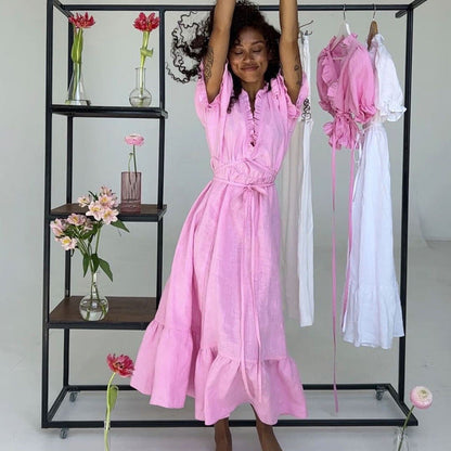 white v neck tie waist maxi dress with puff sleeves