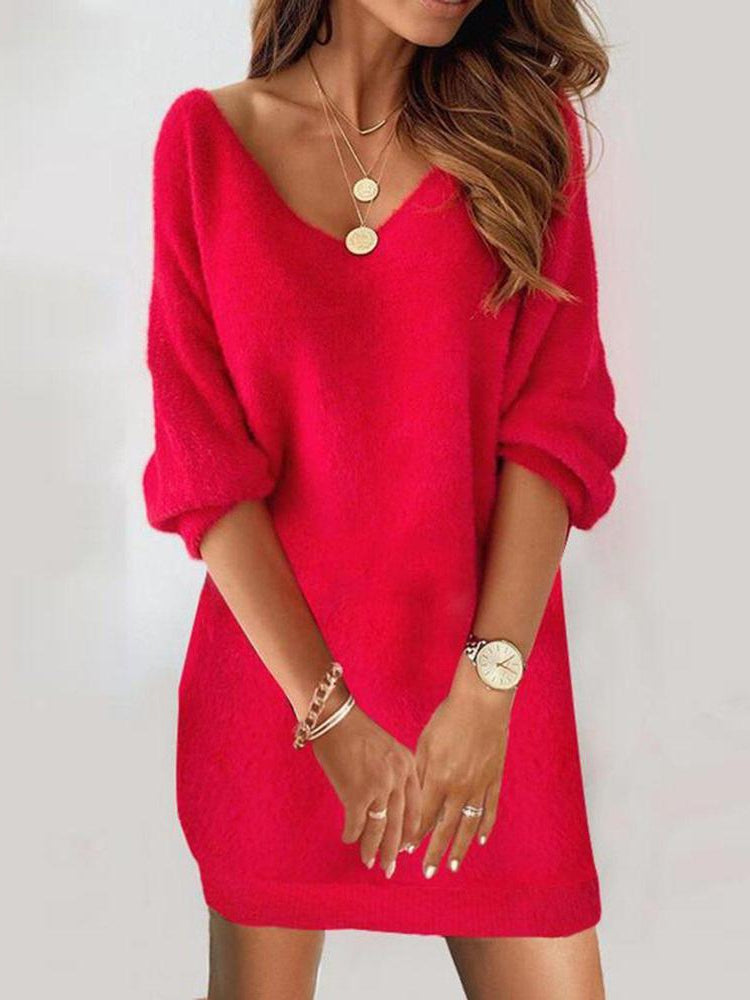 Deep V Neck Oversized Fuzzy Knit Long Sleeve Sweater Mini Dress