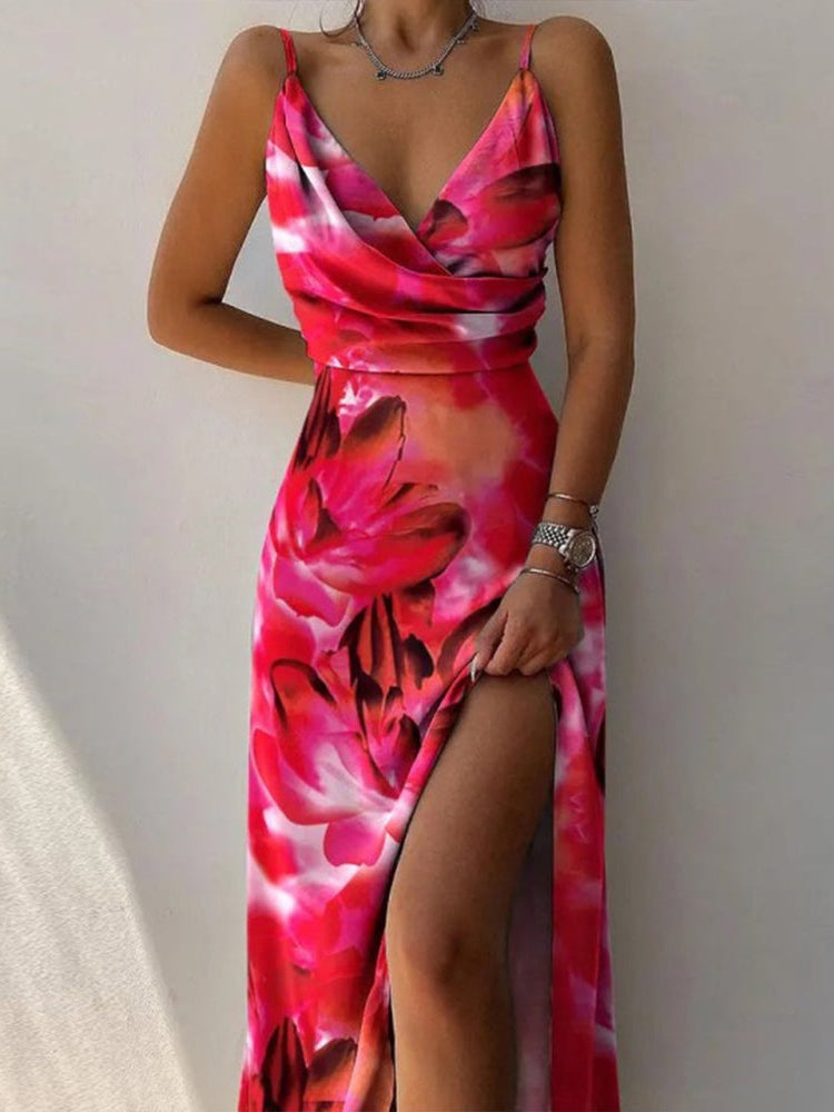 Deep V Neck Surplice Spaghetti Strap Satin Floral Print Side Slit Maxi Dress
